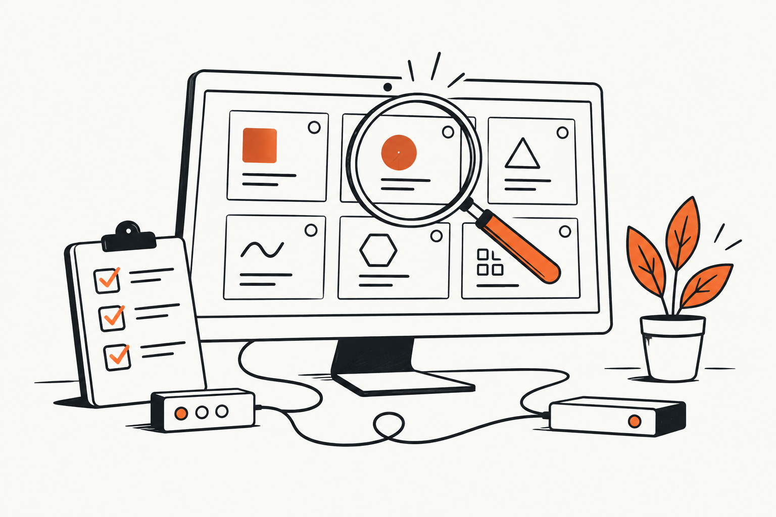 Original line illustration of a software comparison screen, magnifying glass and checklist