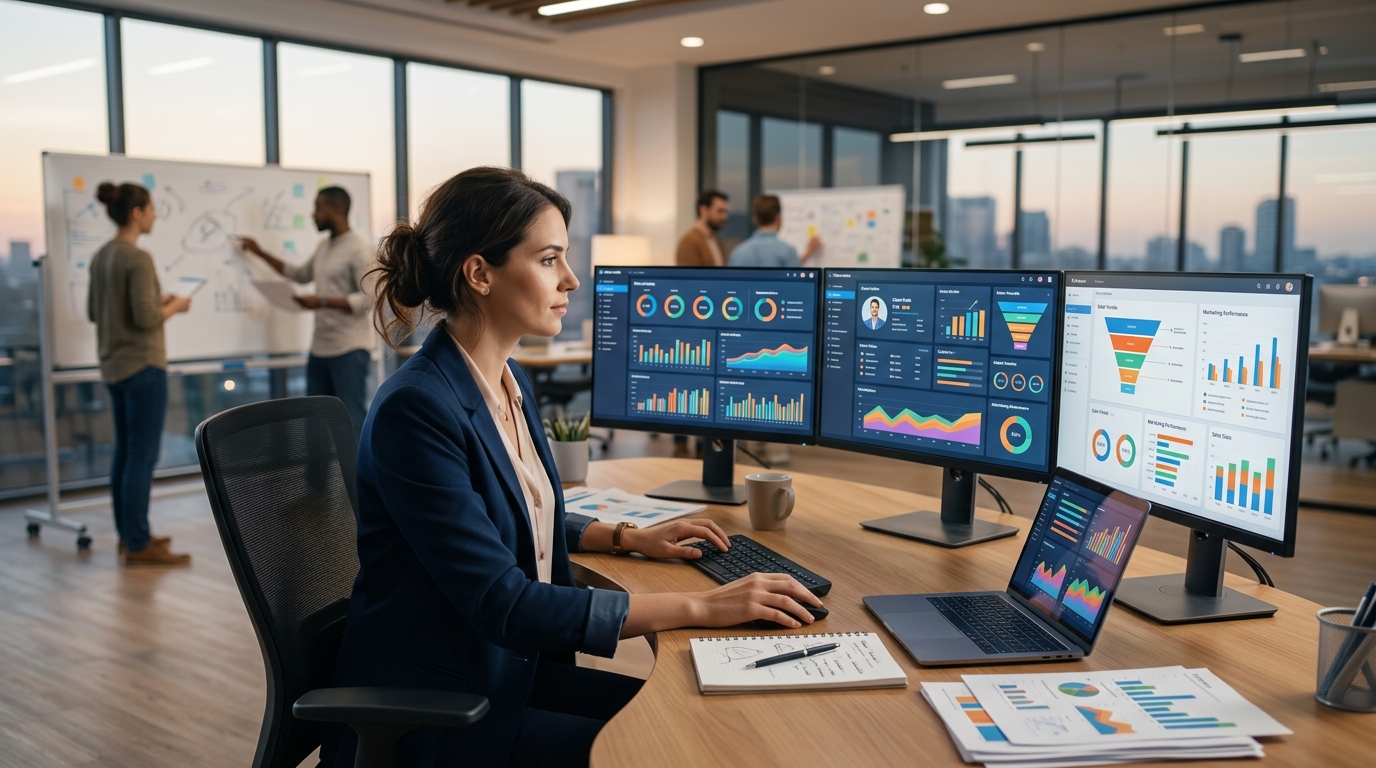 A dashboard view showing multiple client accounts managed in a modern CRM interface, symbolizing centralized control for marketing agencies.