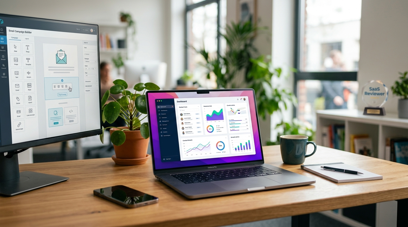 A small business owner analyzing email marketing performance metrics on digital devices, symbolizing a data-driven strategy for growth