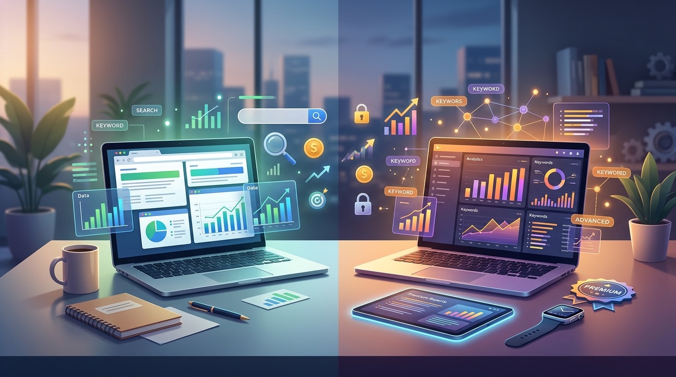 A digital marketer analyzes SEO data on multiple screens, comparing AI keyword research tool dashboards.