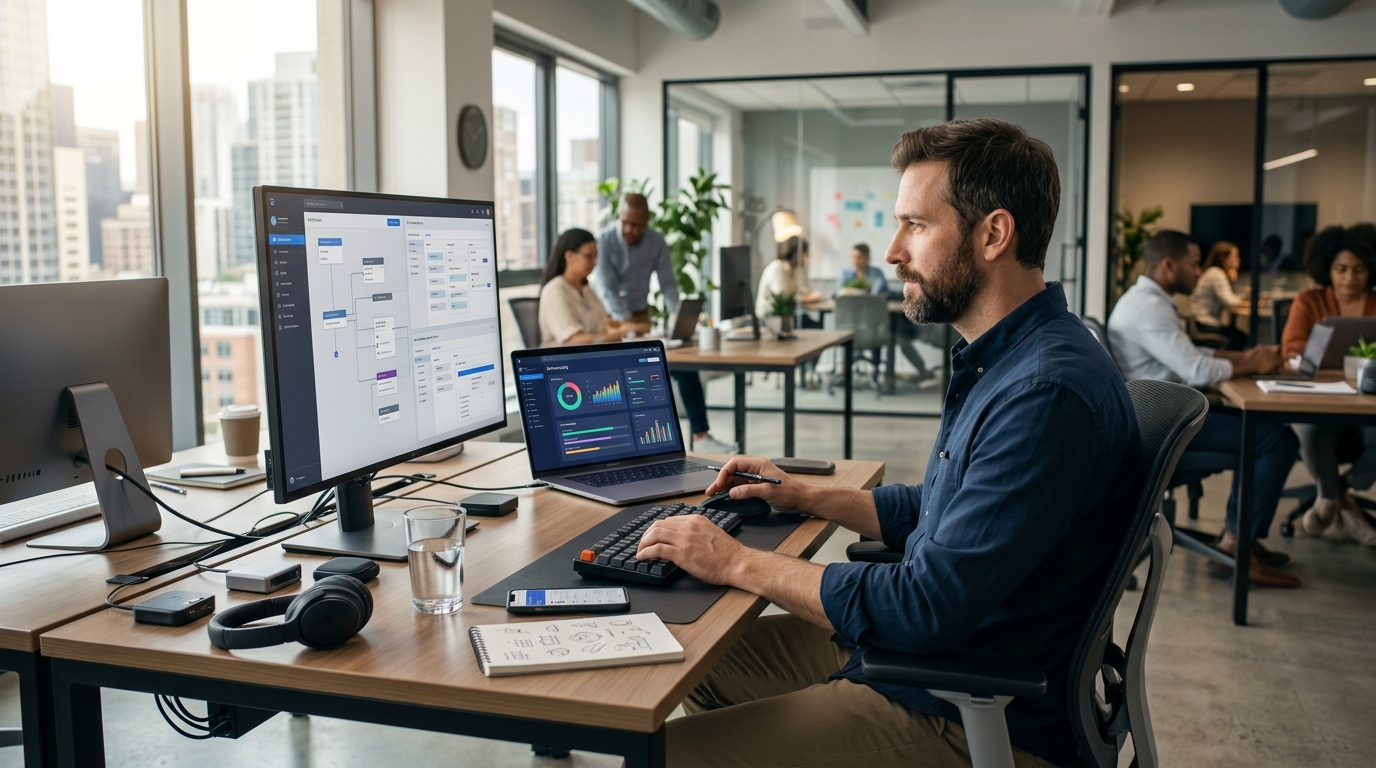Visual representation of AI notetaker workflow: recording, transcribing, summarizing, and integrating meeting data into business tools