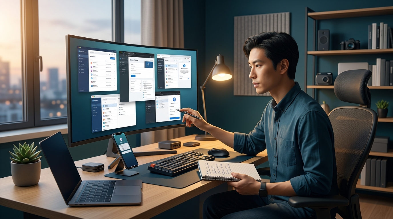 A person using a smartphone and laptop securely, representing password manager protection