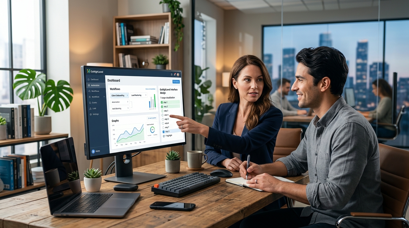 A modern digital agency workspace showing a laptop with the GoHighLevel dashboard visible, symbolizing efficient setup and management.