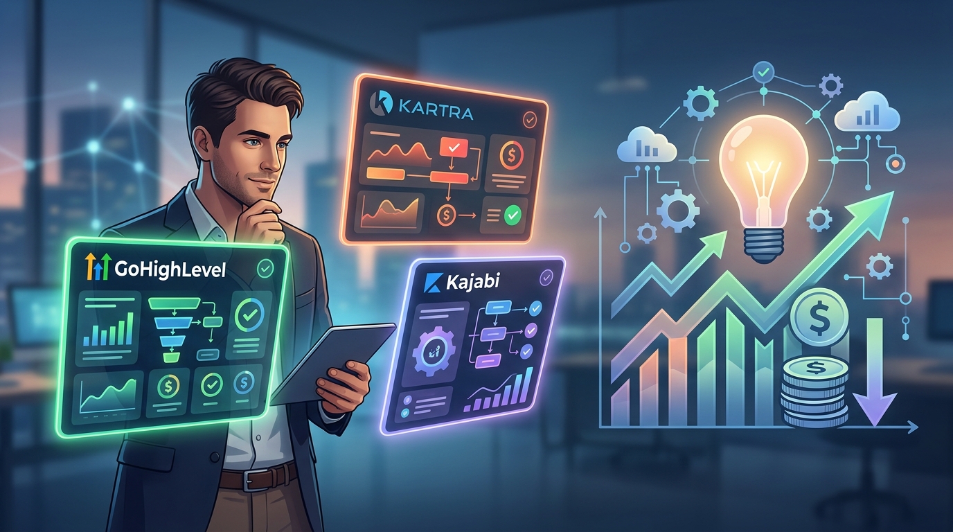 A comparative illustration showing the logos of GoHighLevel, Kartra, and Kajabi with charts and graphs, representing a cost-benefit analysis.