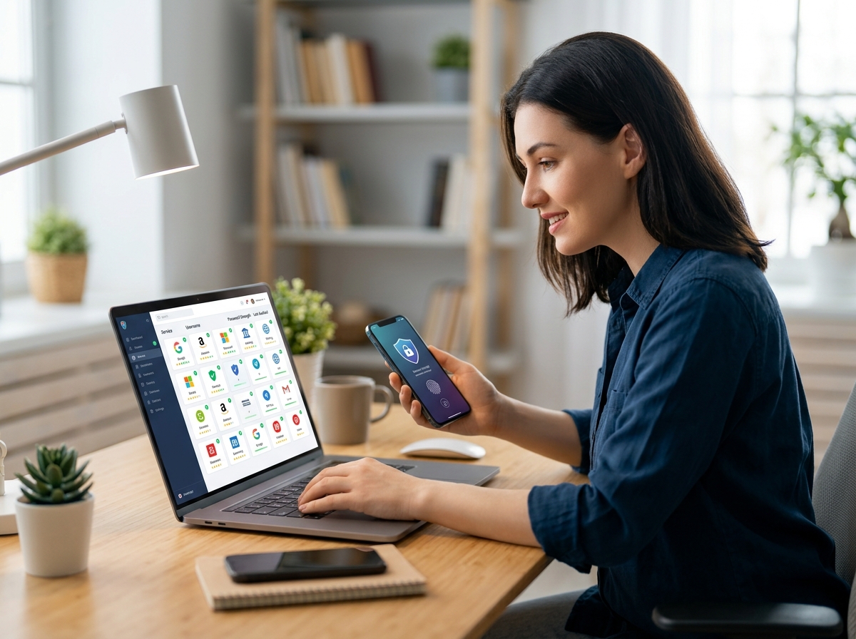 Side-by-side comparison of password manager application interfaces on desktop and mobile